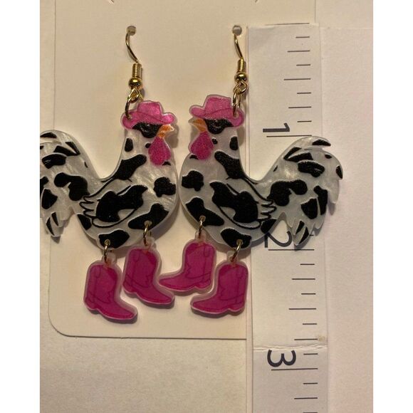Rooster Earrings Spotted Chicken Dangle Hot Pink Cowboy Boots Quirky Western - Picture 5 of 7